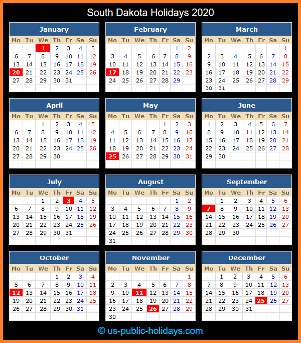 South Dakota Holiday Calendar 2020